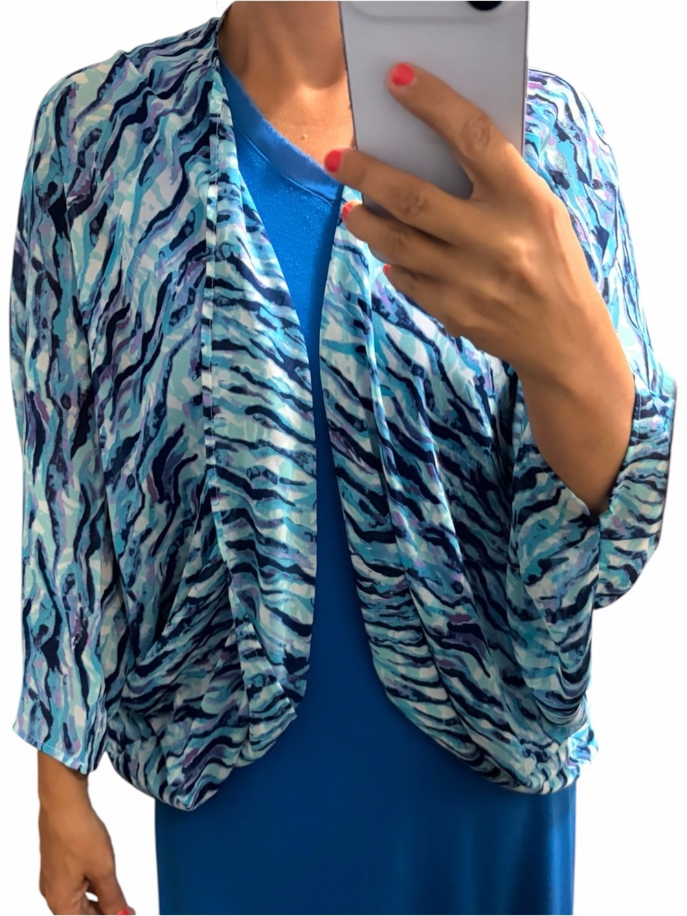 Blue Wave Print Open Front Cardigan
